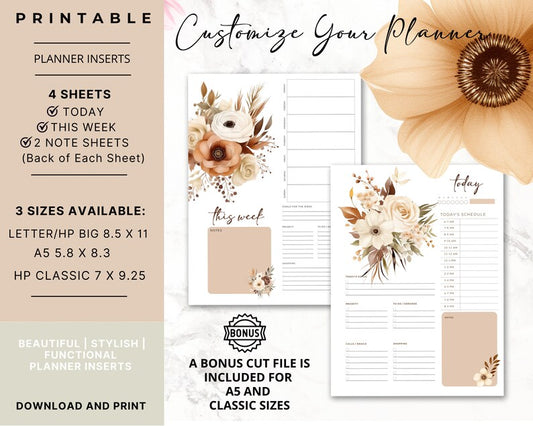 Printable Planner Inserts | Beautiful Planner Inserts | Daily and Weekly Planner Inserts | A5 | HP Classic | Letter HP Big | Download File