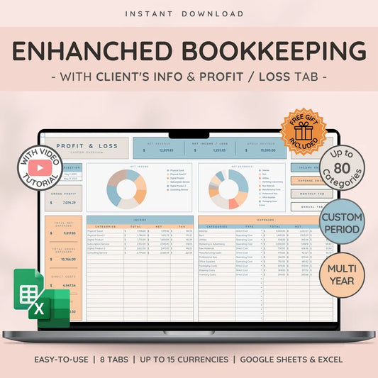 Small Business Bookkeeping Spreadsheet with Profit and Loss | Sales Tracker | Client Tracker & Business Planner